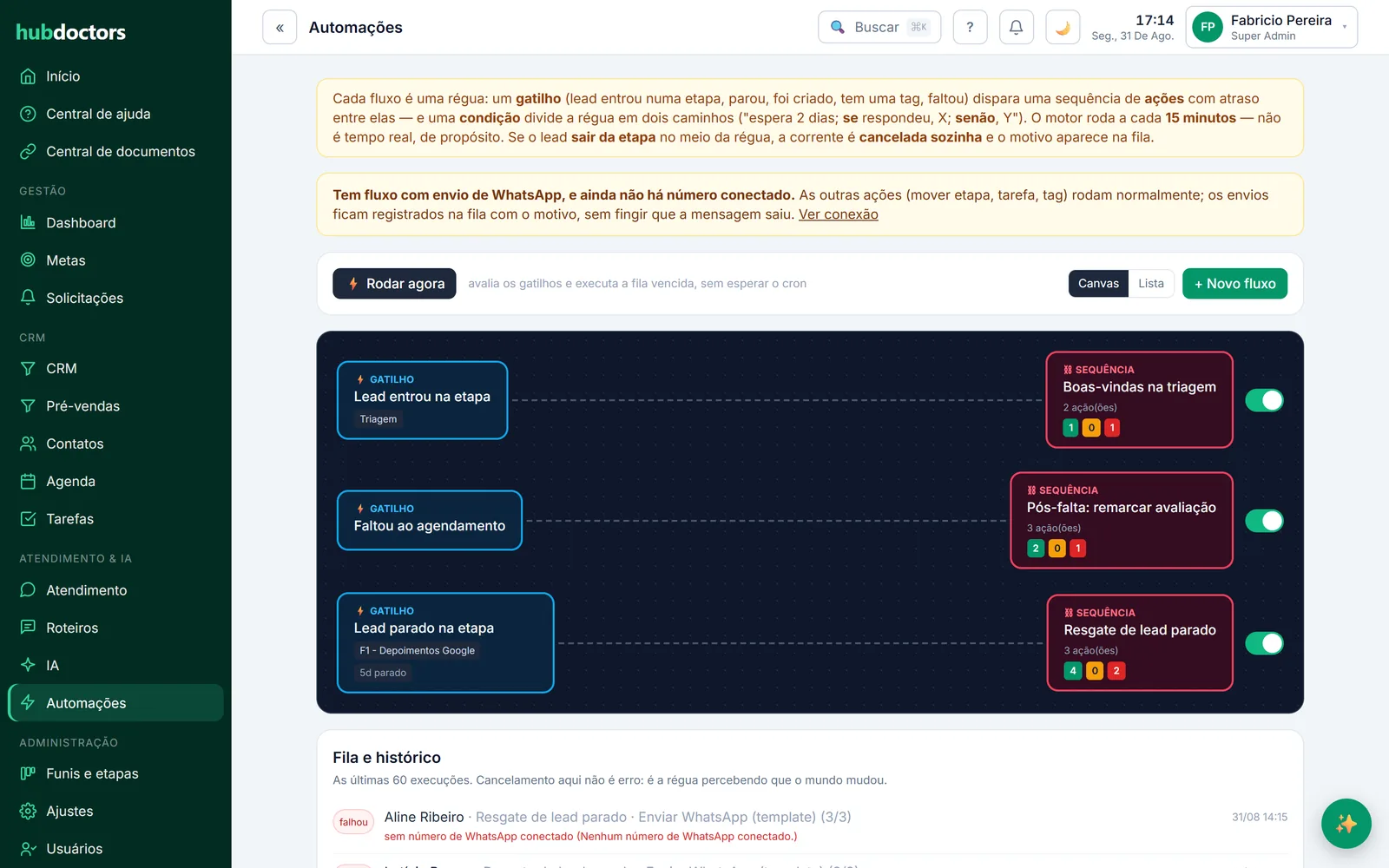 Canvas de automações do HubDoctors