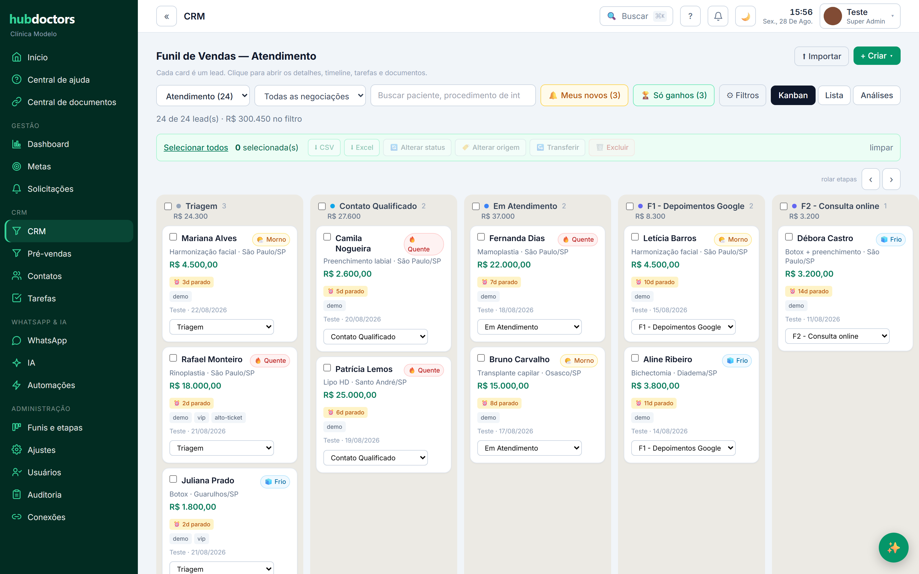 Funil de vendas do HubDoctors com leads de procedimentos estéticos